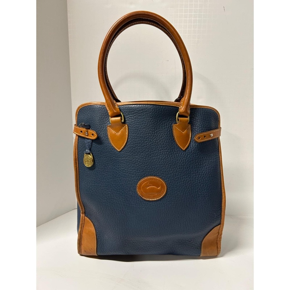 Vtg DOONEY & BOURKE Pre Red Tag Gladstone Shopping Tote AWL Leather Navy‎ Tan